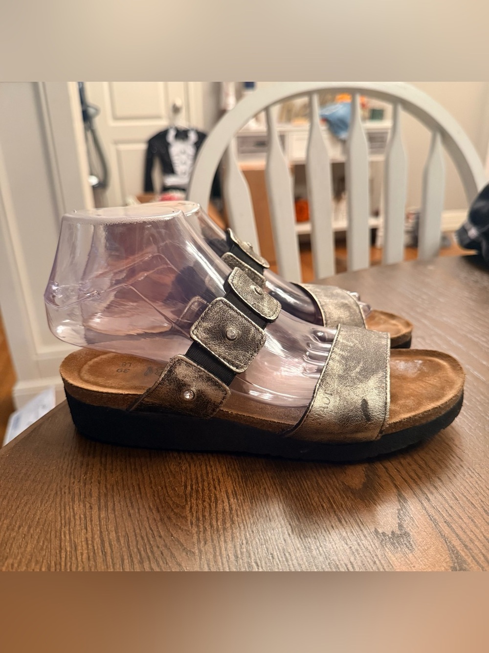 Naot Womens Ashley Sandal Aged Gold Metallic Leather Wedge Slide. Size 39 US 8